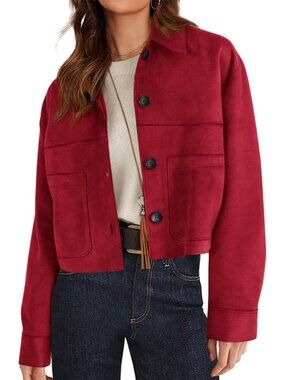 〽️Women's Red Faux Suede Lightweight Crop Button Down Collared Shacket Coats